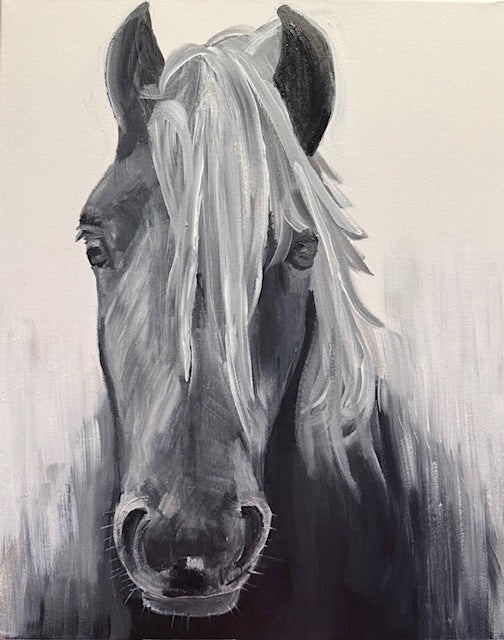 Black and White Horse Portrait- 20" x 16" x 1" Hand-painted Original Acrylic on Canvas