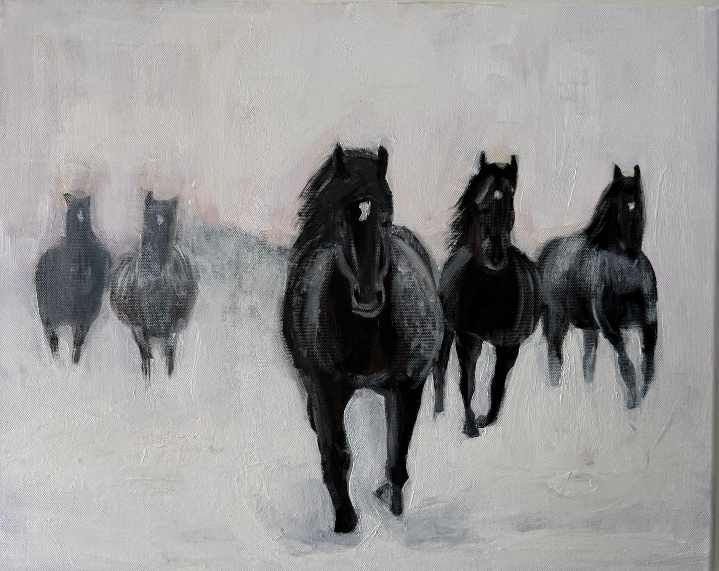 Black Horses in Winter- Hand-made Acrylic painted gallery-wrapped canvas