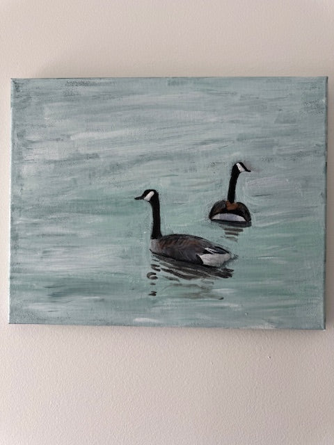 Canada Geese Swimming on Water- Hand-painted canvas