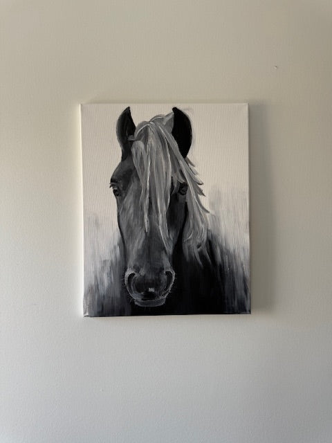 Black and White Horse Portrait- 20" x 16" x 1" Hand-painted Original Acrylic on Canvas