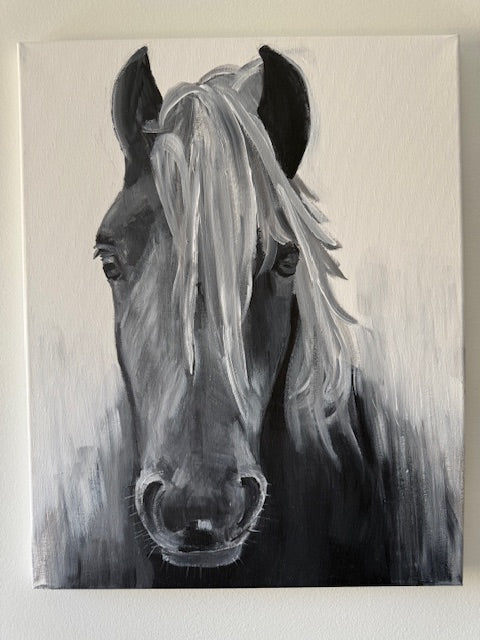 Black and White Horse Portrait- 20" x 16" x 1" Hand-painted Original Acrylic on Canvas