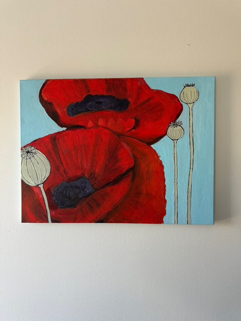 Red Poppies with pods- Hand-painted canvas