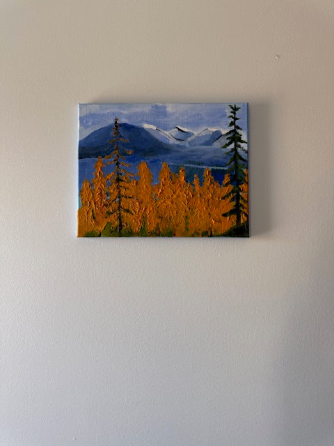 Yellow Larch Trees with Blue Mountains 2 - Hand-painted Original on Canvas