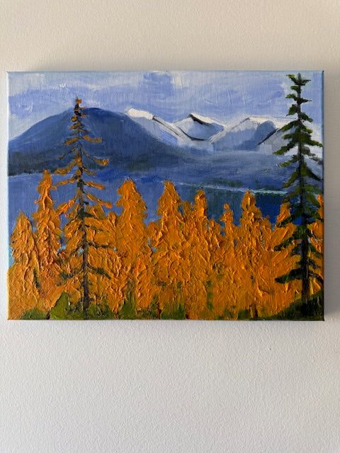 Yellow Larch Trees with Blue Mountains 2 - Hand-painted Original on Canvas