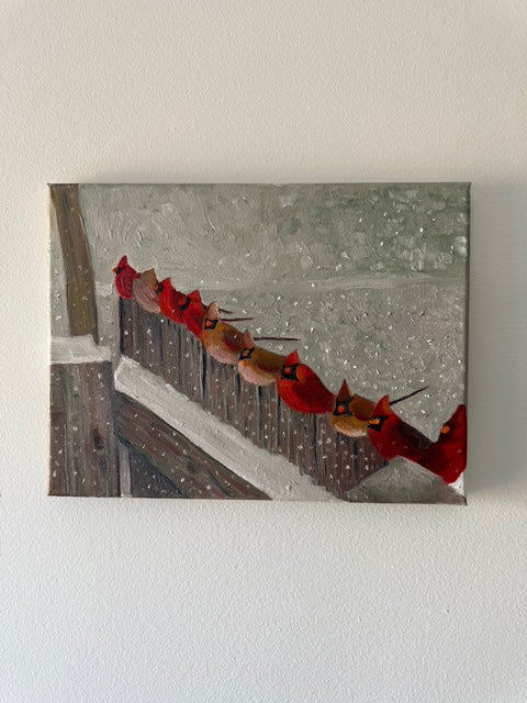 Ten Red Cardinals- Hand-painted original oil on canvas