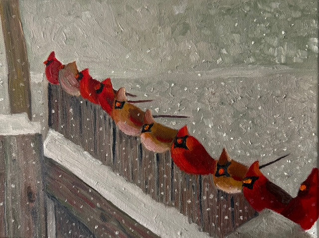 Ten Red Cardinals- Hand-painted original oil on canvas