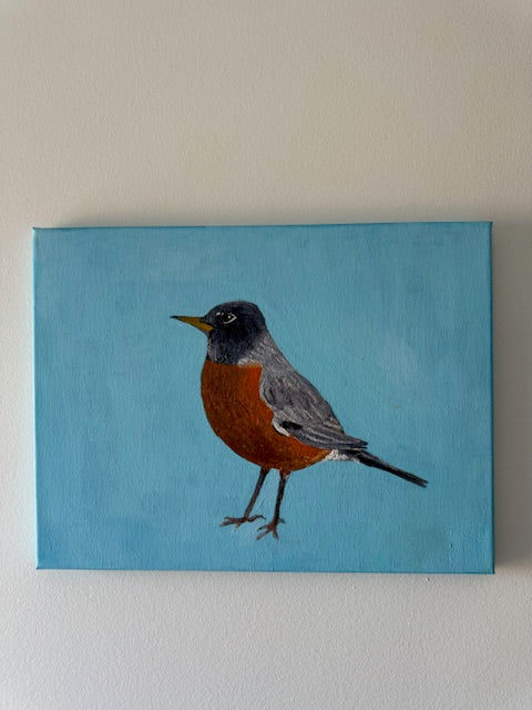 Robin on Robins Egg Blue 2- Hand-painted oil original on canvas