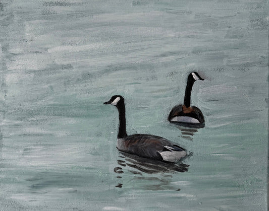 Canada Geese Swimming on Water- Hand-painted canvas