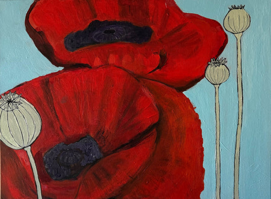Red Poppies with pods- Hand-painted canvas