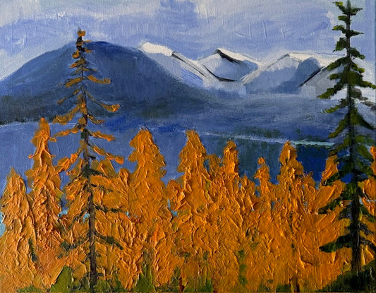 Yellow Larch Trees with Blue Mountains 2 - Hand-painted Original on Canvas