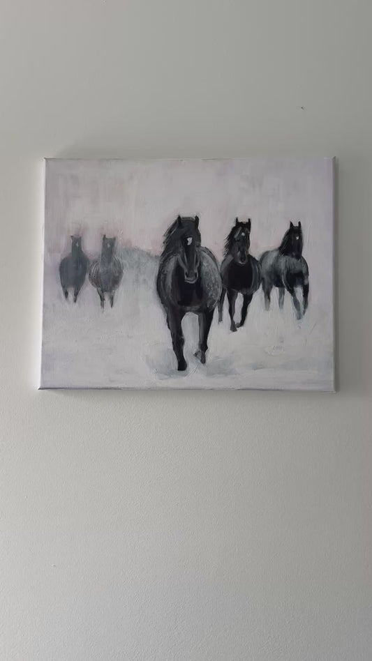 Black Horses in Winter- Hand-made Acrylic painted gallery-wrapped canvas